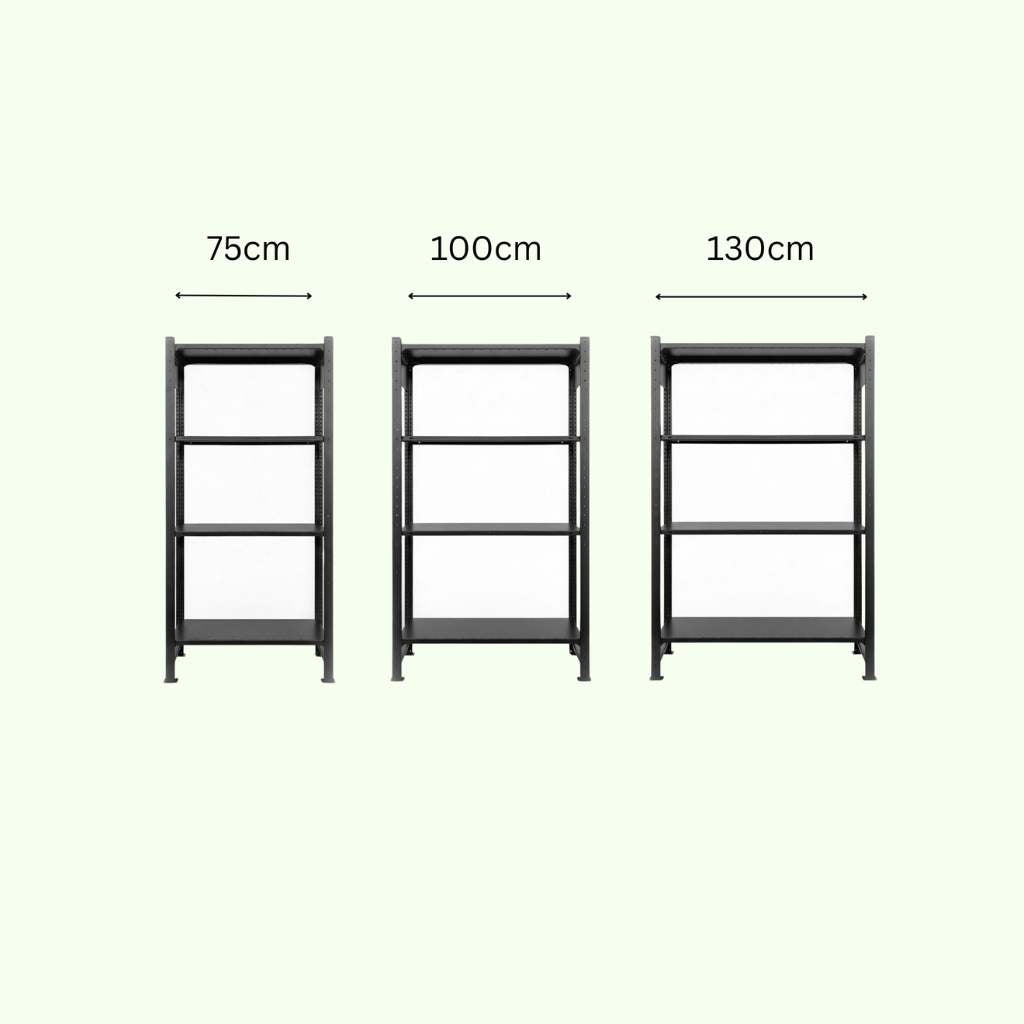 Varianten des Design Standregals aus Stahl in den Breiten 75 cm, 100 cm und 130 cm