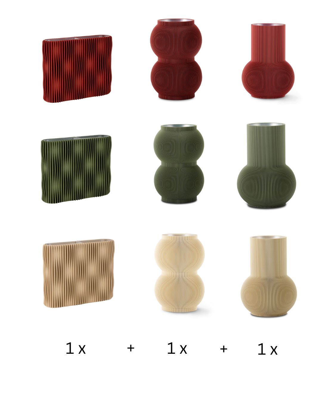 Designvasen-Set mit je einer Vase PURE, SHAPE und TWIST in Lehmrot, Moosgrün oder Beige