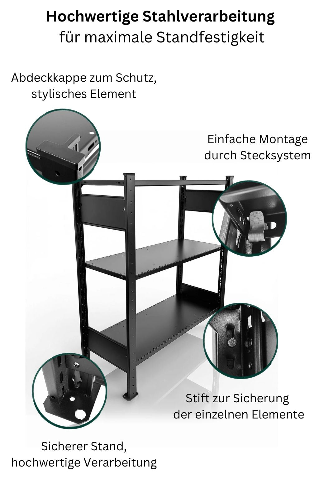Schwarzes TILO Standregal aus Stahl Höhe 120cm freigestellt auf hellem Hintergrund mit USPs