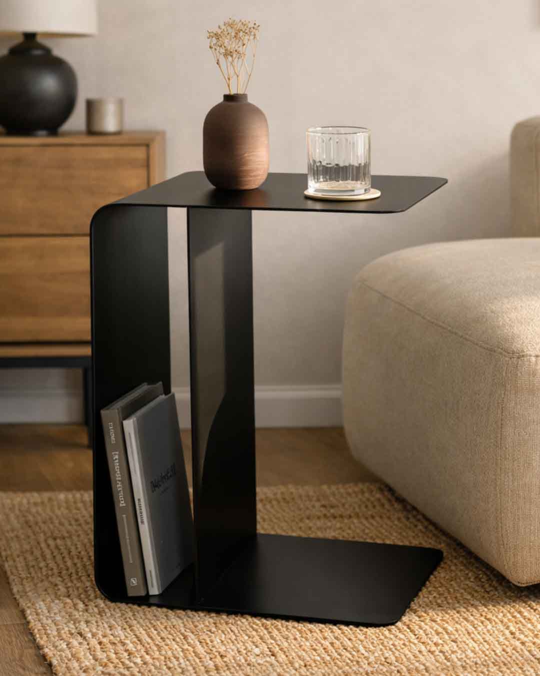 COSMO Beistelltisch aus schwarzem Stahl neben Sofa im modernen Wohnzimmer als stilvoller Tisch für Ablage und Dekoration