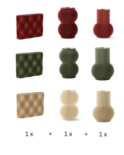 Designvasen-Set mit je einer Vase PURE, SHAPE und TWIST in Lehmrot, Moosgrün oder Beige