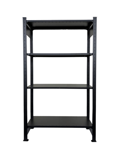 Schwarzes DONIA Design Standregal aus Stahl mit 150 cm Höhe freigestellt auf hellem Hintergrund