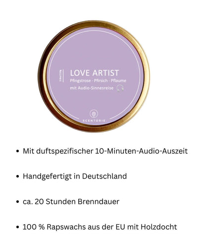 Duftkerze LOVE Artist mit Vorteilen auf weißem Hintergrund 