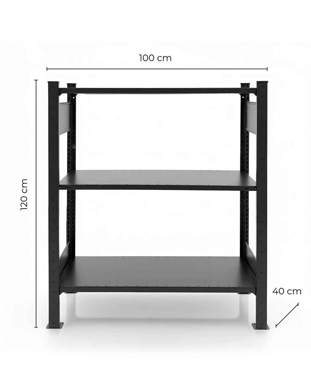 Schwarzes TILO Standregal aus Stahl  Höhe 120cm freigestellt auf hellem Hintergrund mit Abmessungen